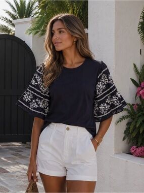 Chico’s Embroidered Eyelet Sleeve Cotton Tee in Navy Blue Retail $89.50